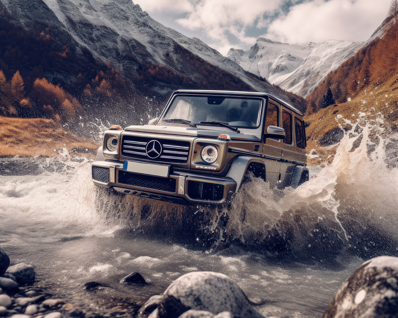 Автомобиль Mercedes-Benz G63 AMG едет по реке