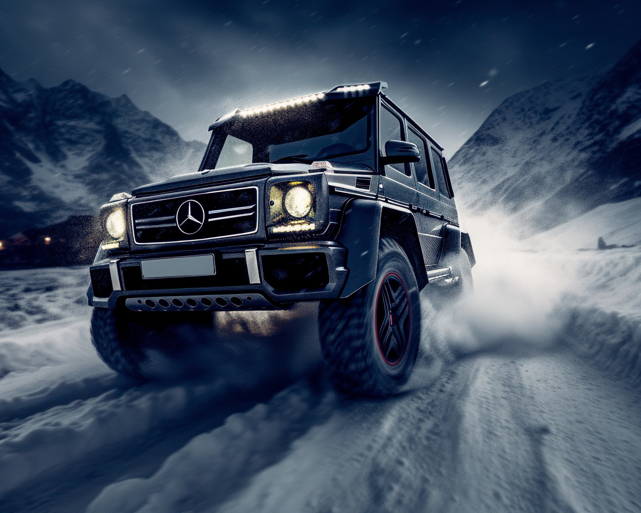 Джип Mercedes-Benz G63 AMG едет по снегу