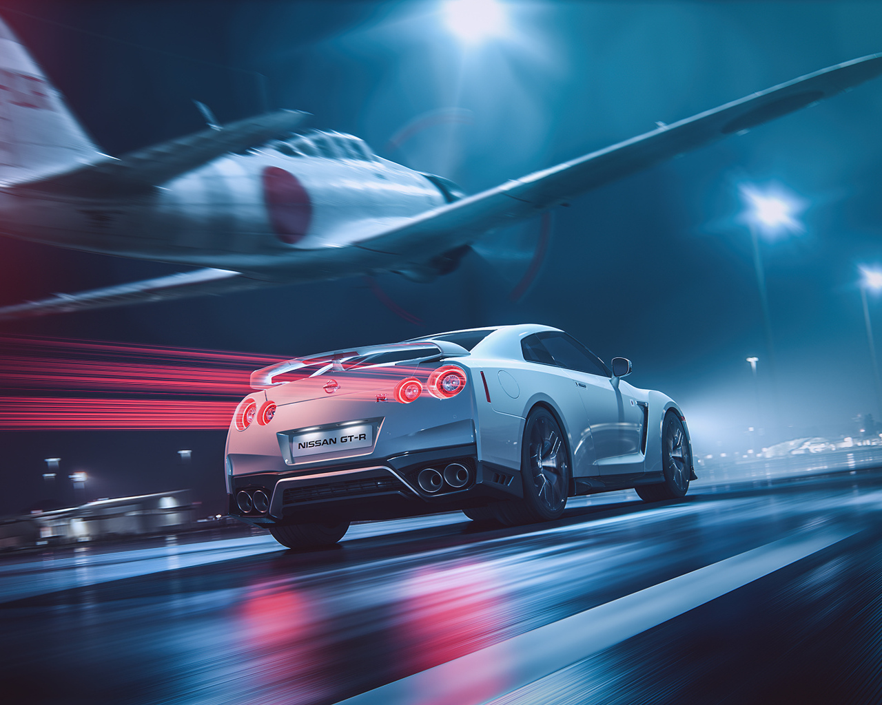 Самолет пролетает над автомобилем Nissan GT-R