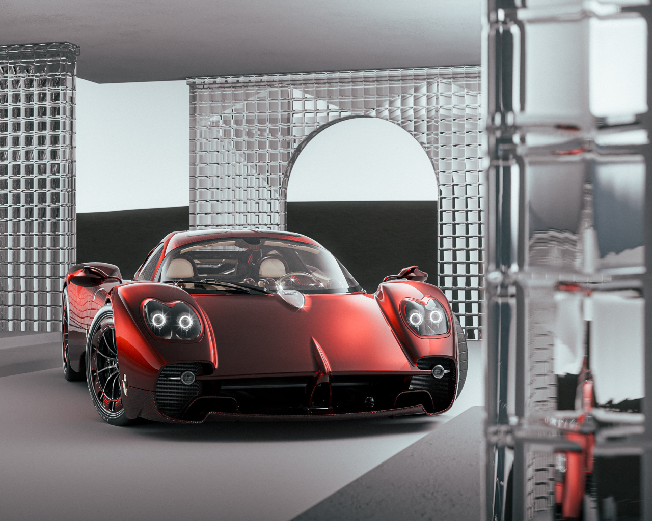 Красный автомобиль Pagani Utopia в здании