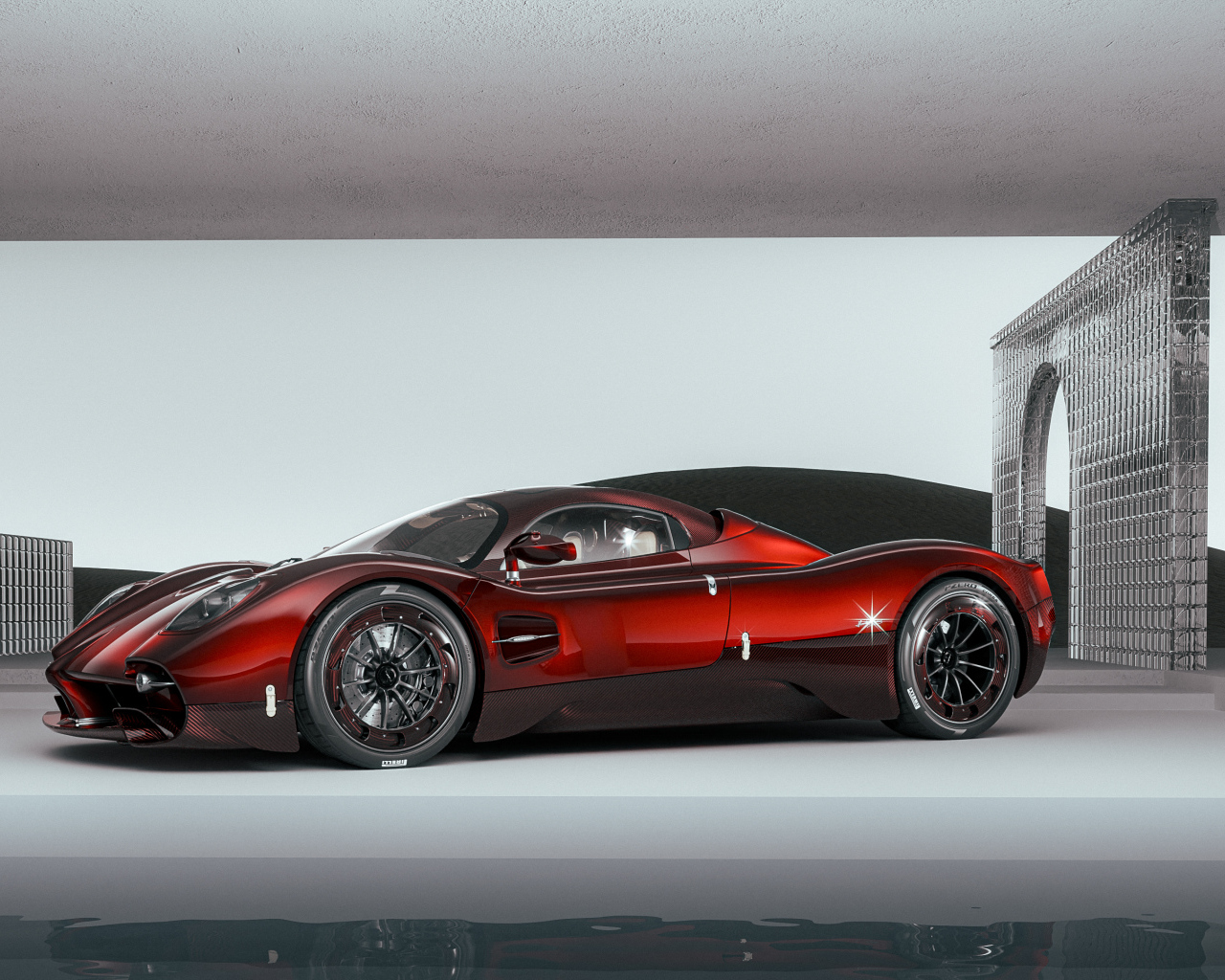 Вид сбоку на красный автомобиль  Pagani Utopia