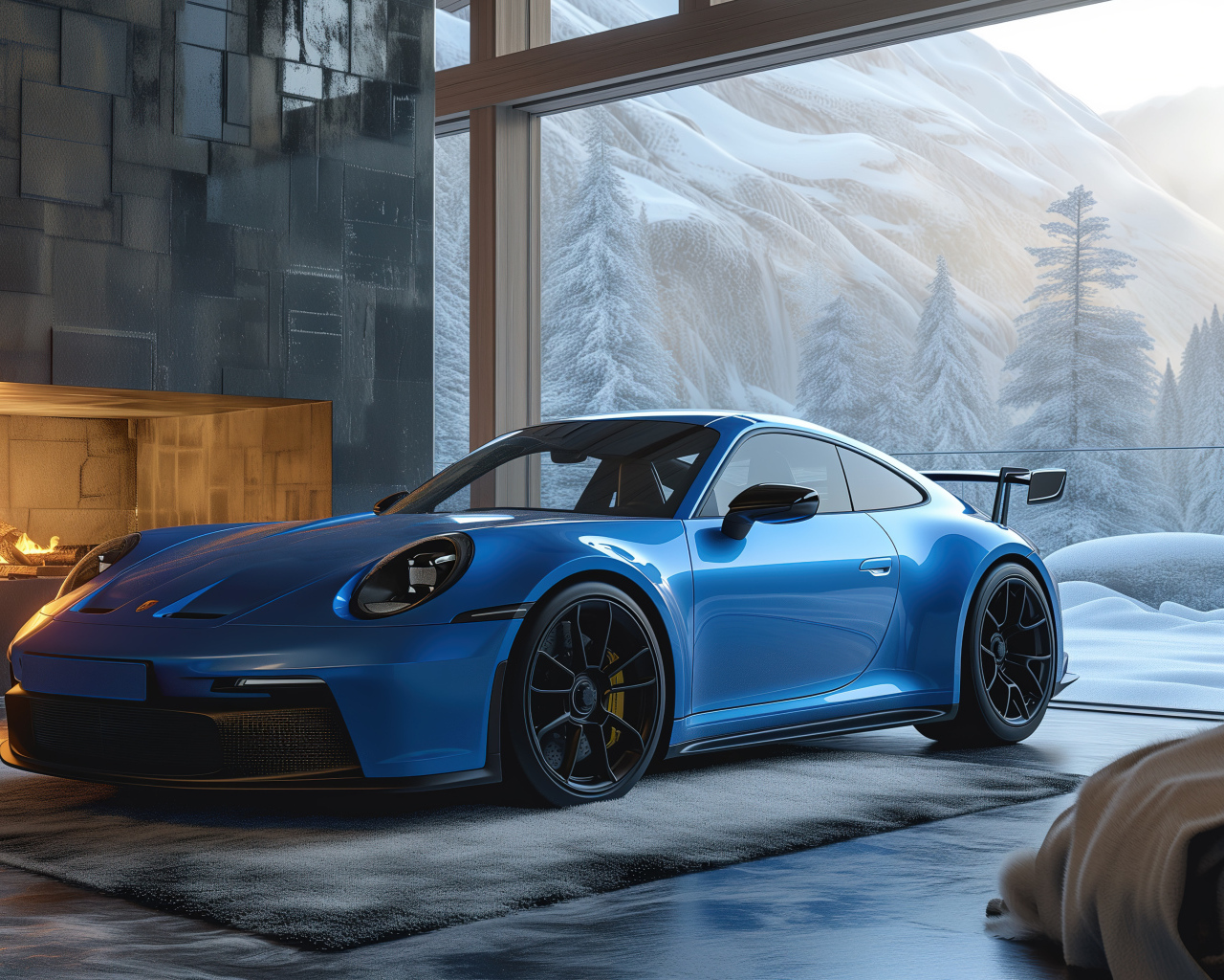 Синий автомобиль Porsche 911 GT3 Cozy в здании