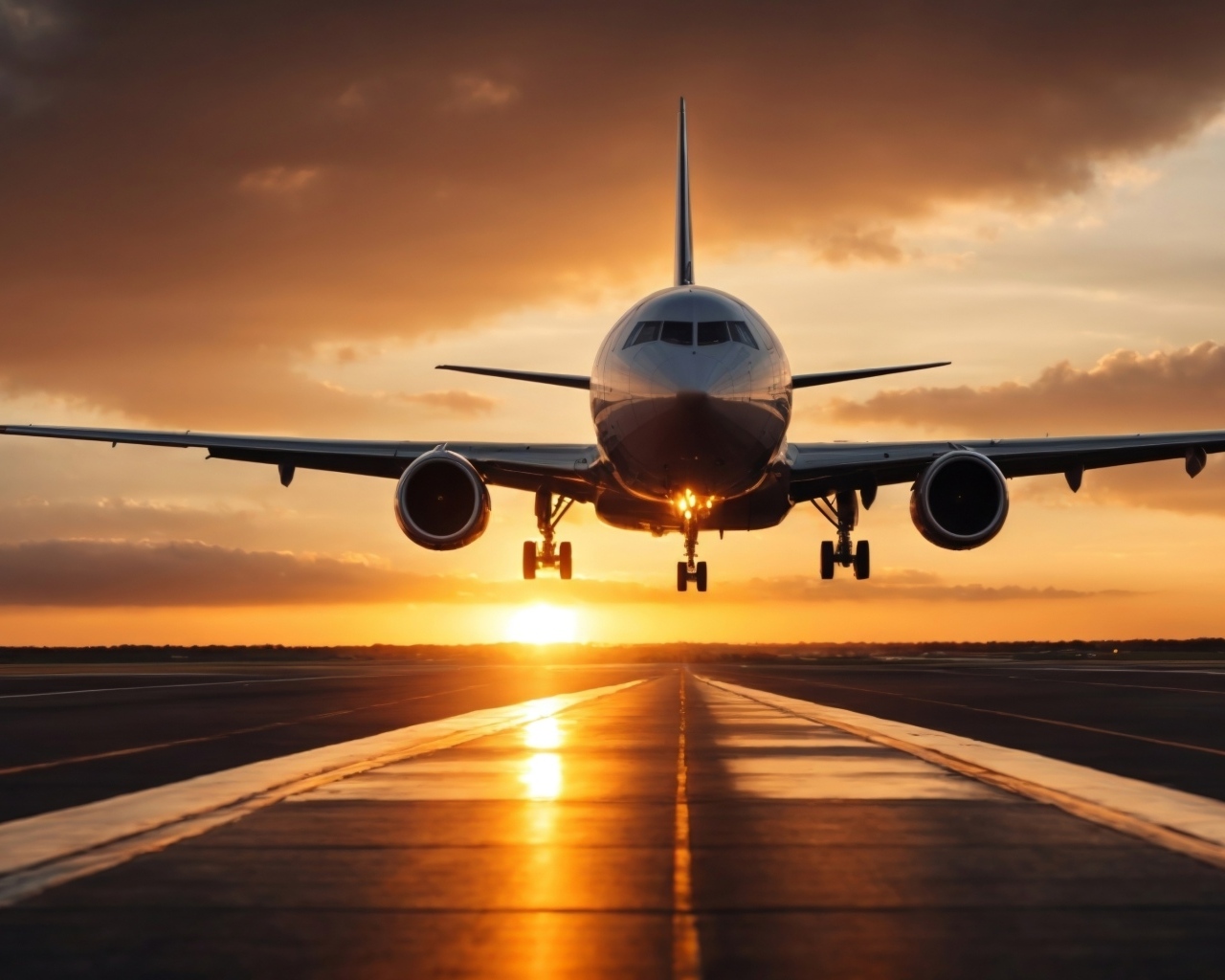 Большой пассажирский самолет взлетает на закате