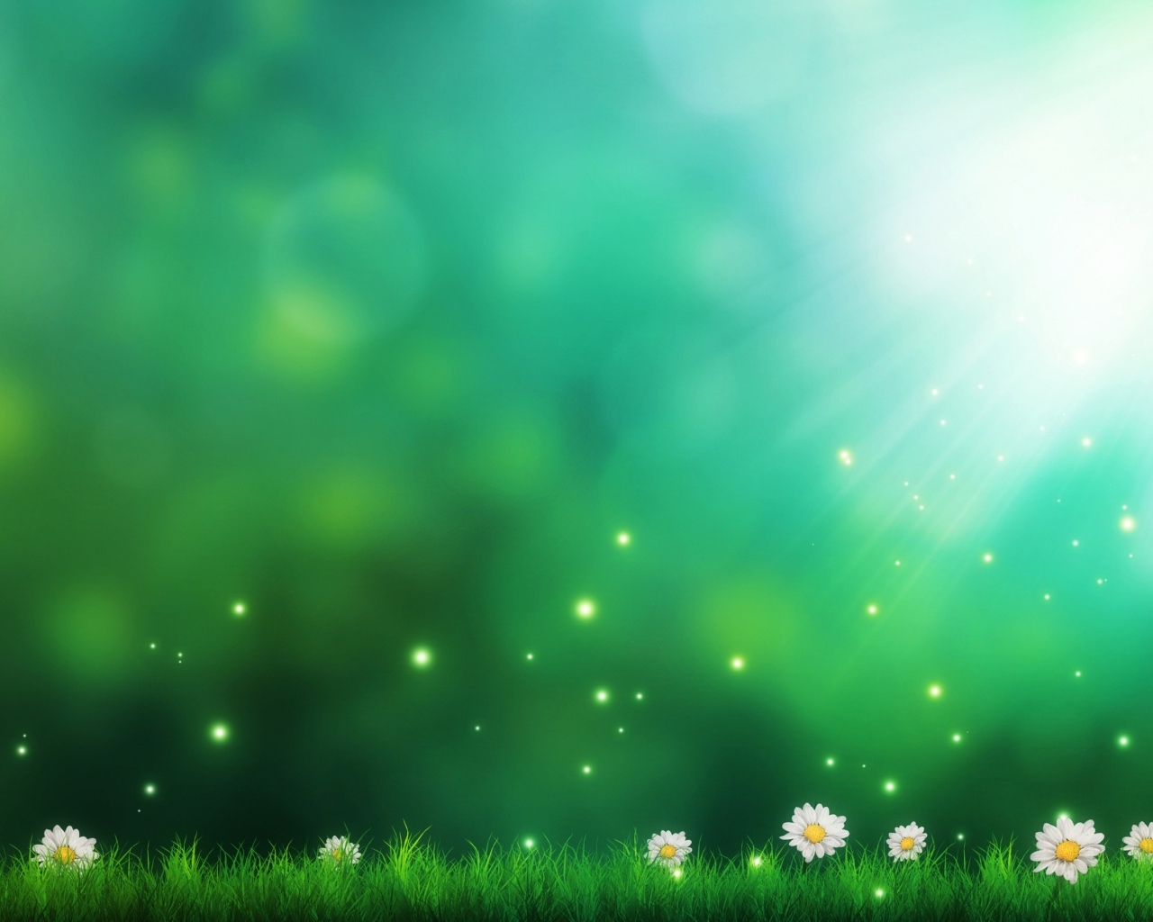 Зеленый фон с ромашками и зеленой травой