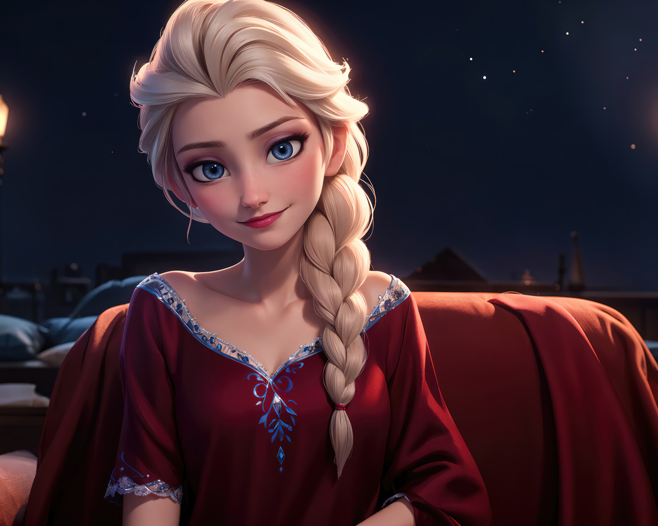 Красивая Эльза сидит в комнате