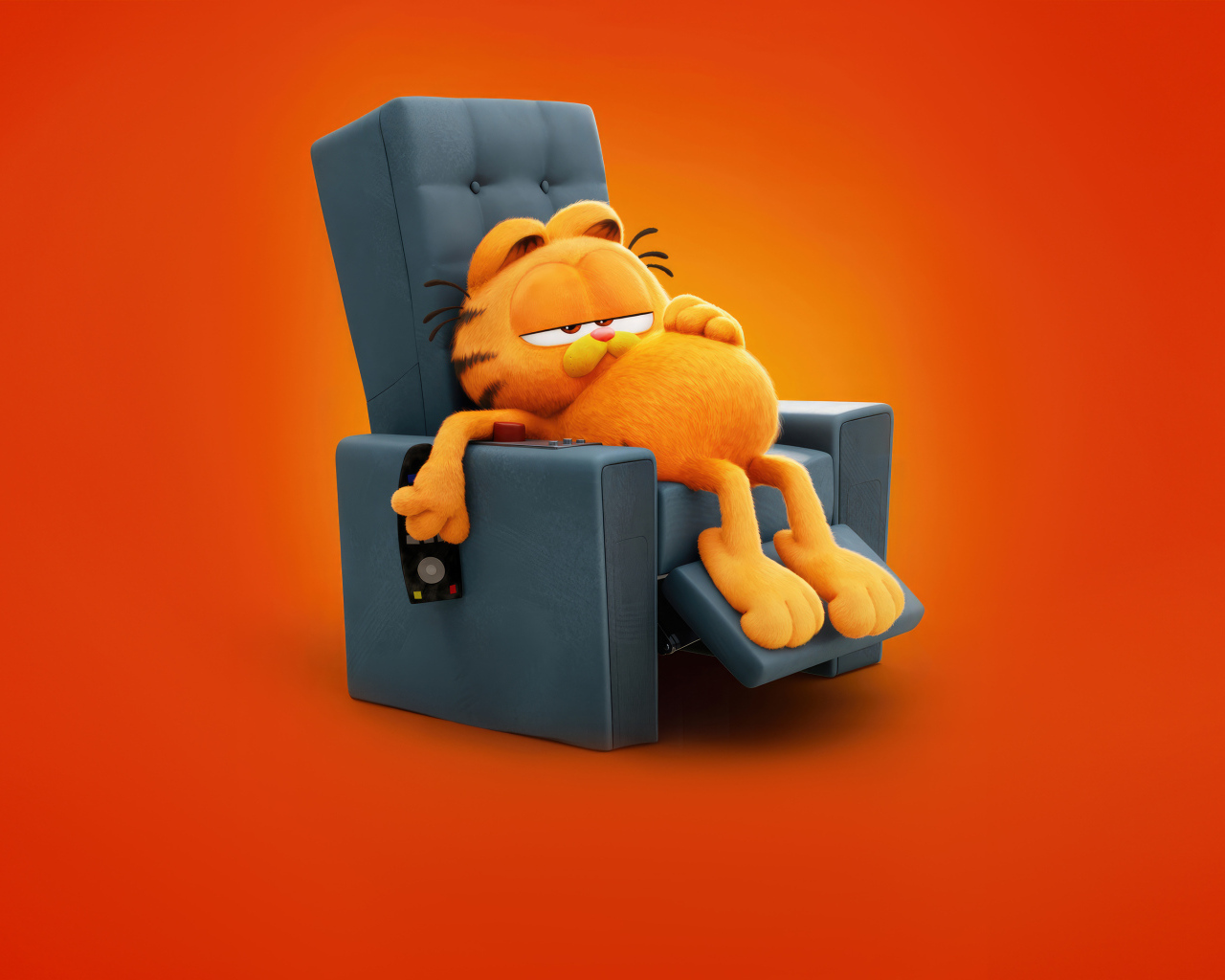 Кот в кресле на оранжевом фоне новый фильм Гарфилд в кино, 2024