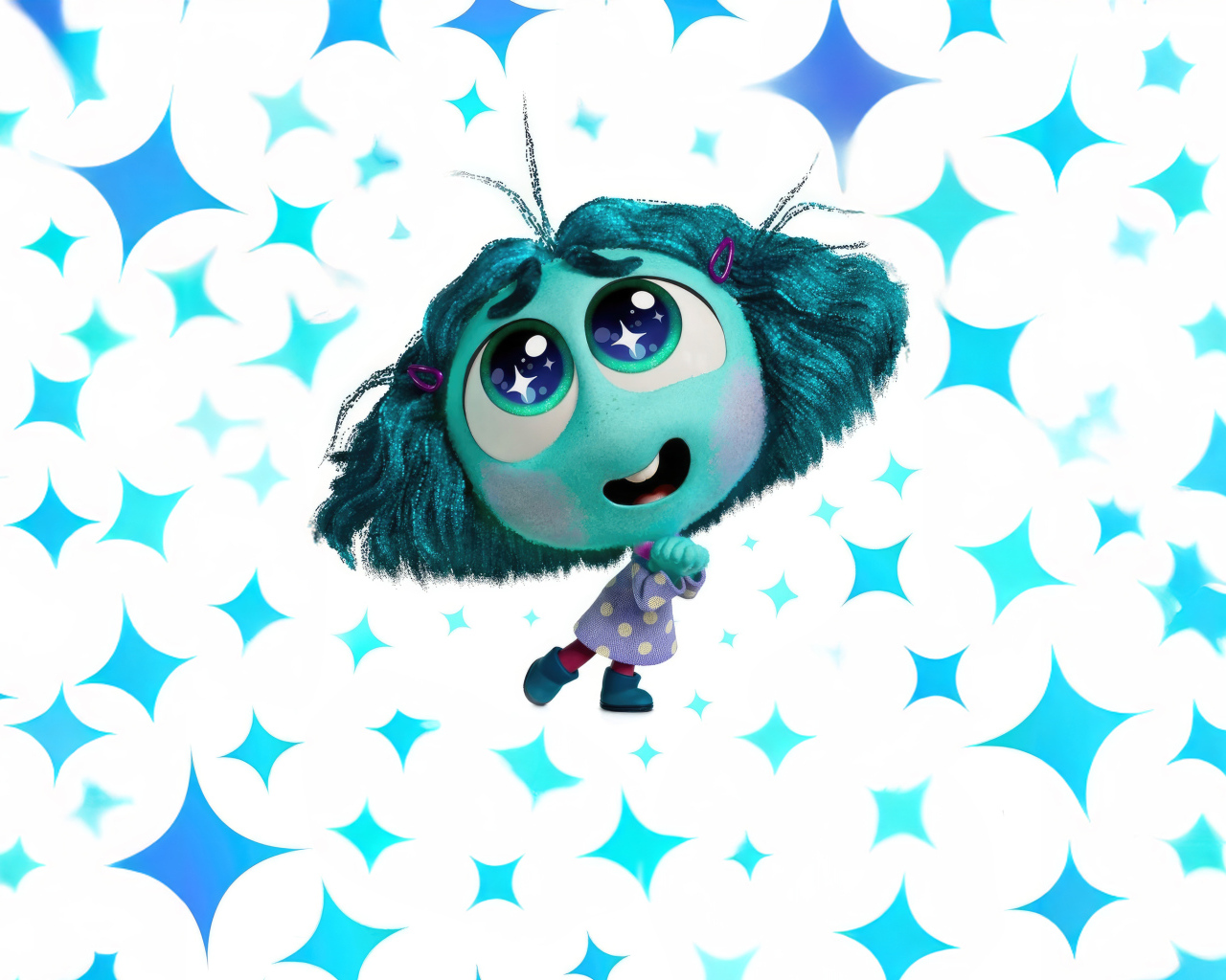 Милый персонаж Зависть на белом фоне с искрами из мультфильма Головоломка 2