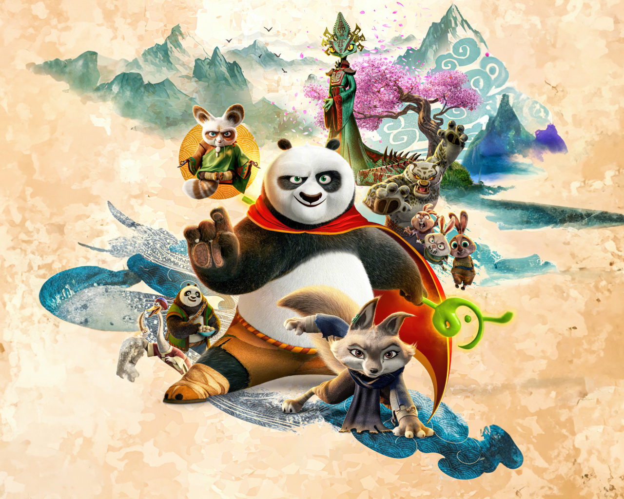 Постер с главными героями мультфильма Кунг-фу панда 4