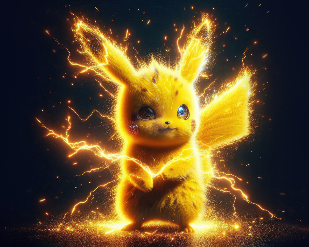 Желтый покемон Пикачу в разрядах молнии