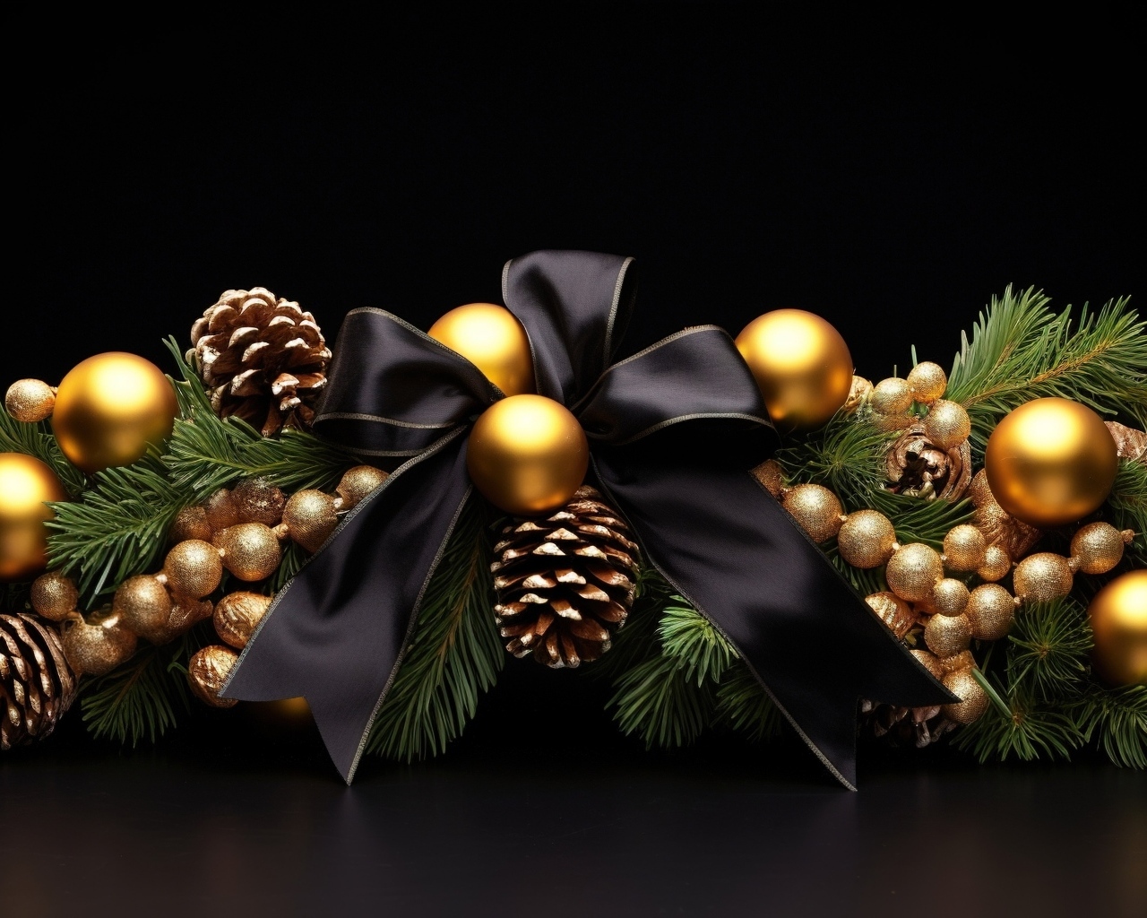 Рождественское украшение из еловой ветки с игрушками на черном фоне