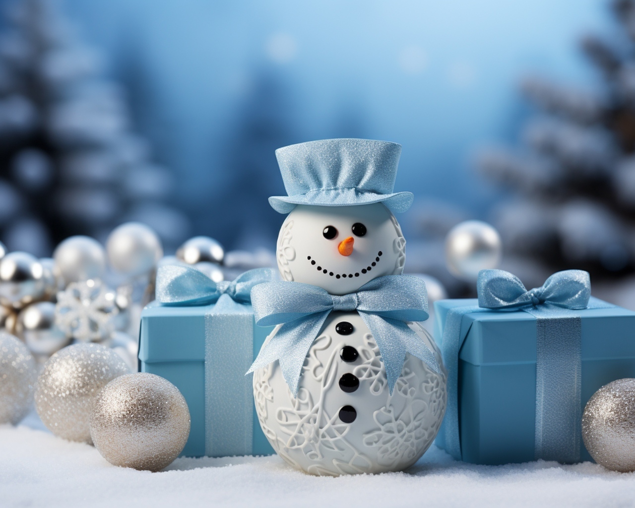 Снеговик с подарками и еловыми игрушками на Рождество