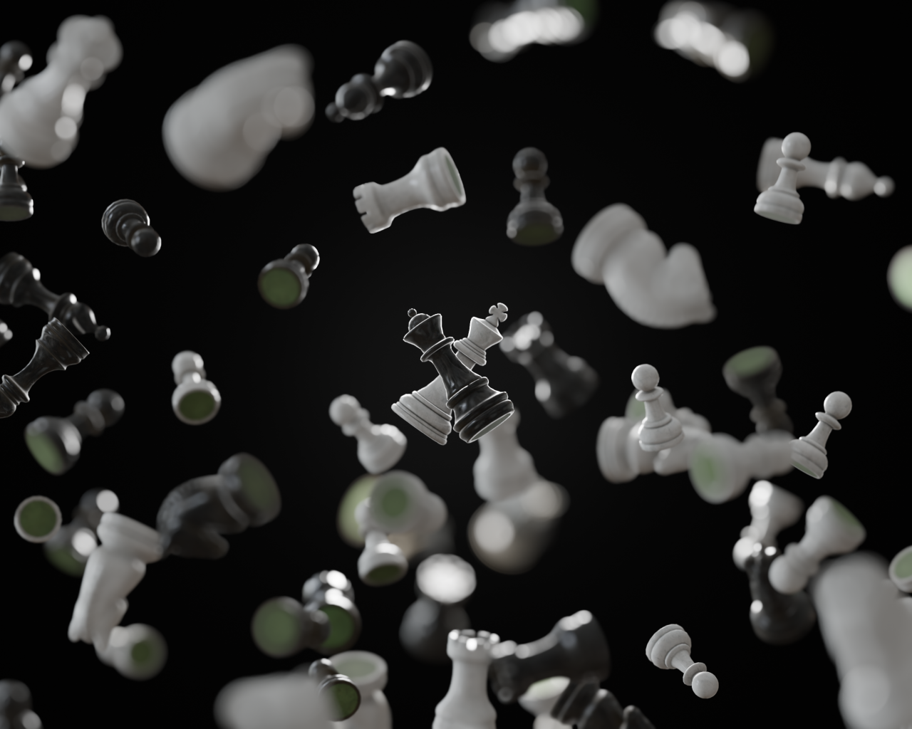 Черные и белые шахматные фигуры парят в воздухе