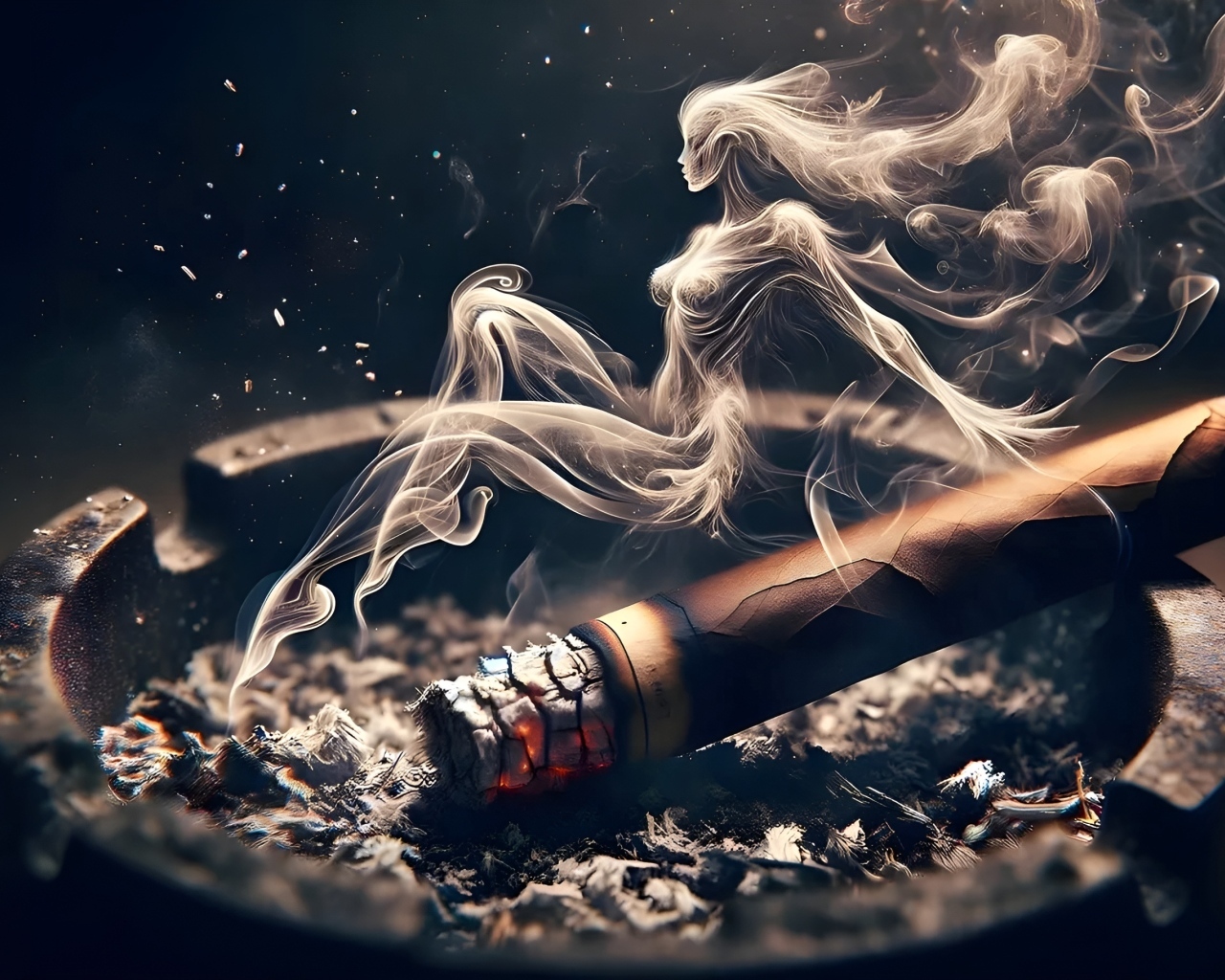 Сигара в пепельнице с дымом в форме девушки