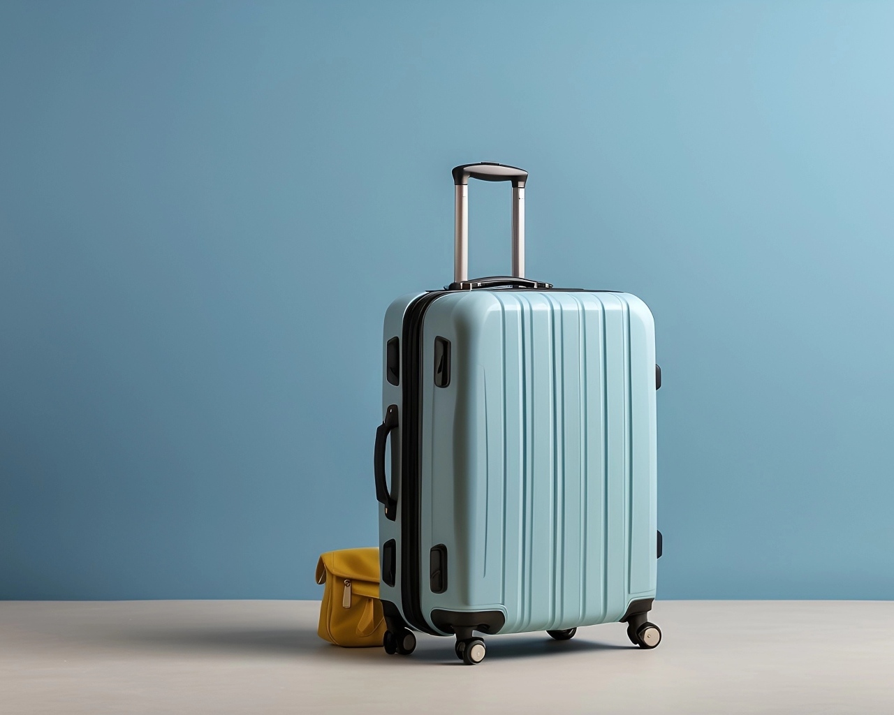Большой голубой чемодан на голубом фоне