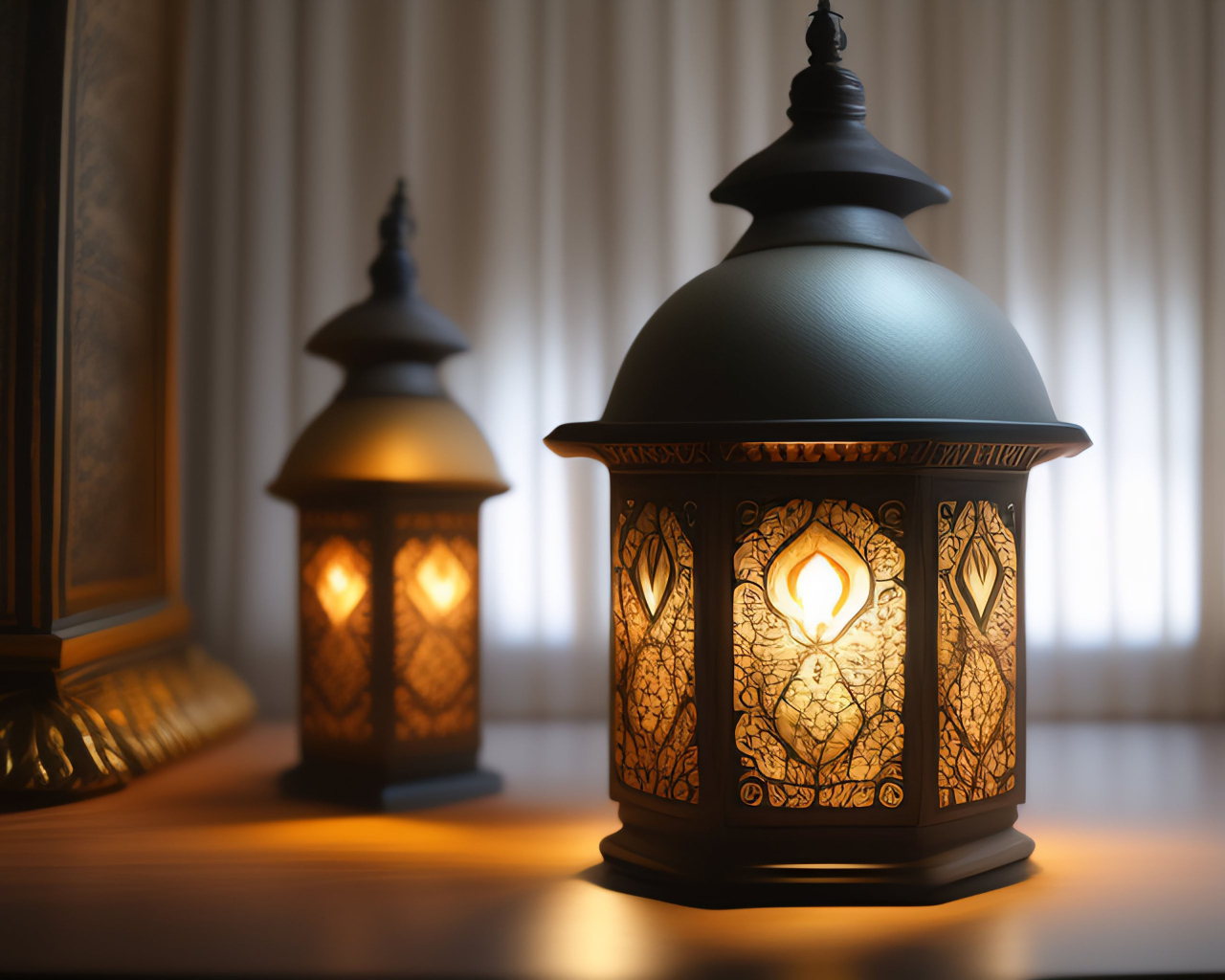 Два зажженных фонаря стоят на столе