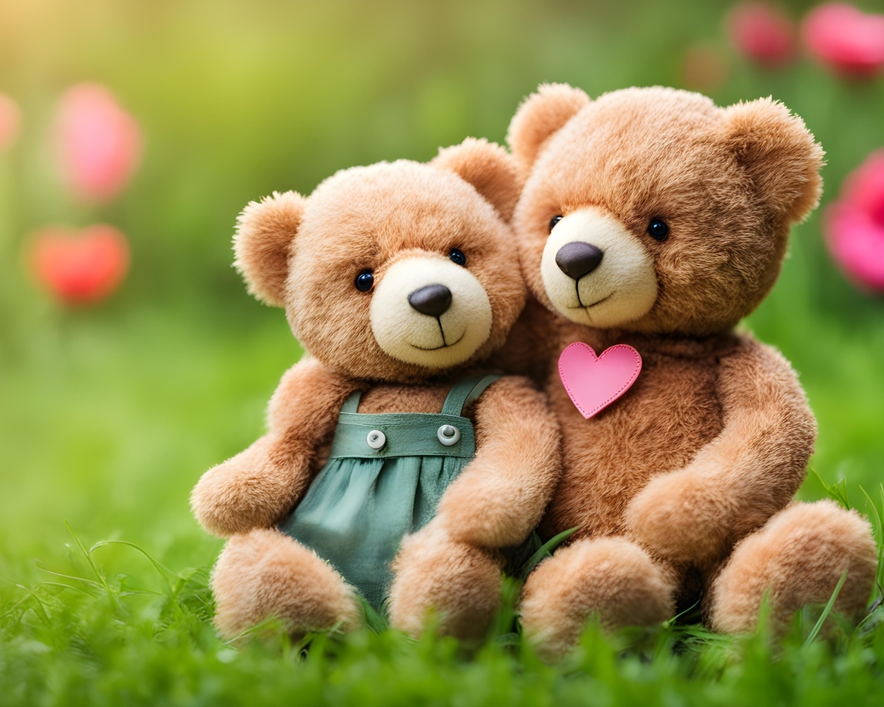 Два игрушечных медвежонка сидят на траве