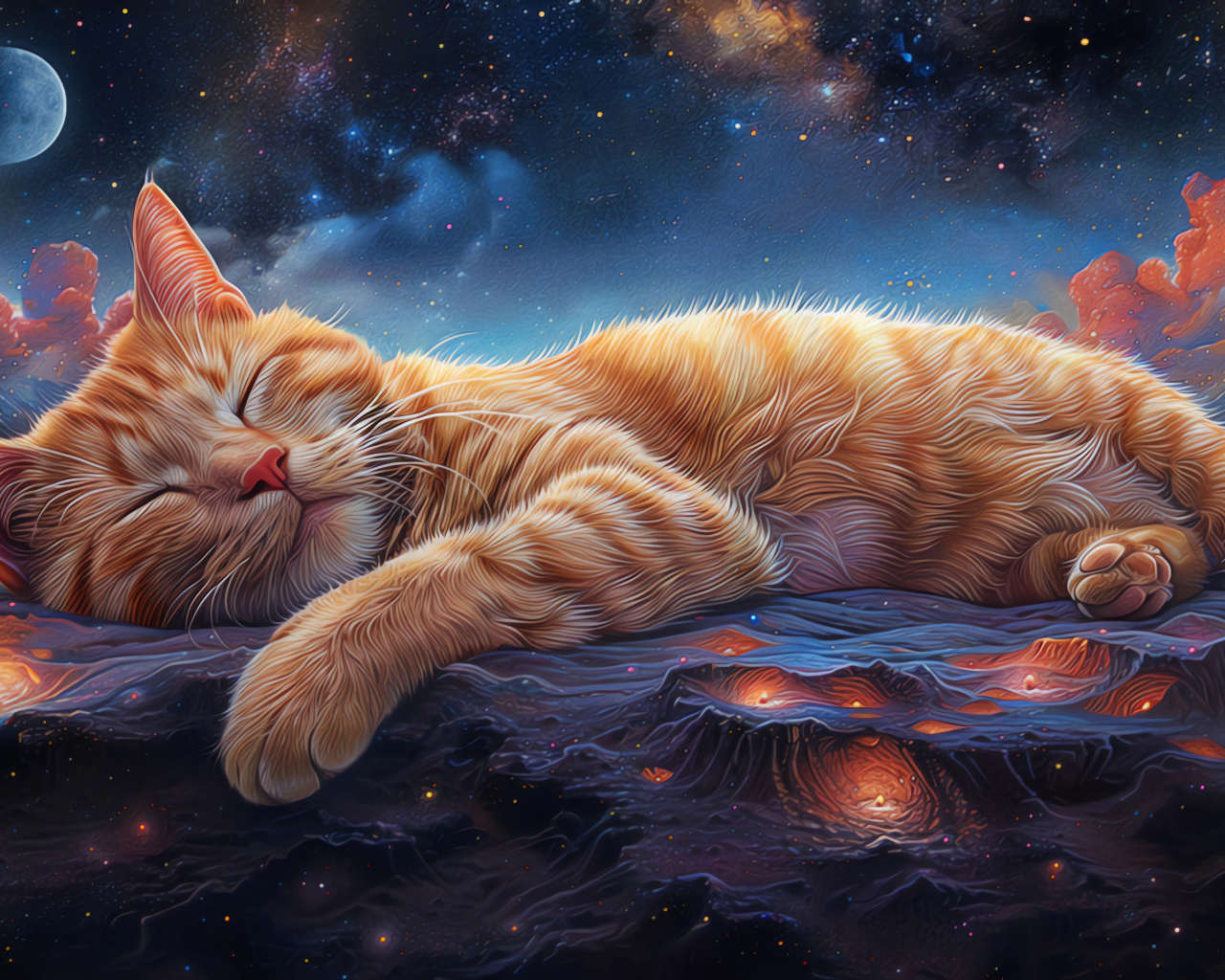 Нарисованный рыжий кот спит на поверхности Марса