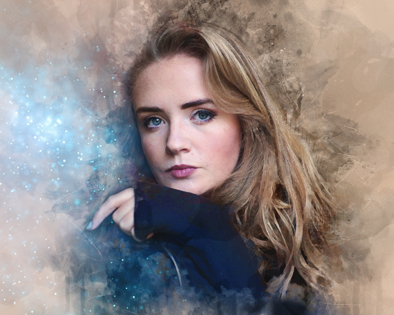 Красивая голубоглазая девушка на нарисованном фоне