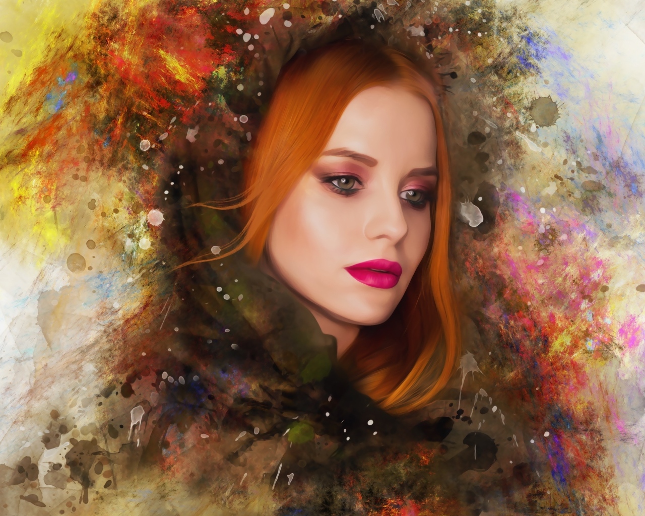 Красивая нарисованная рыжеволосая девушка