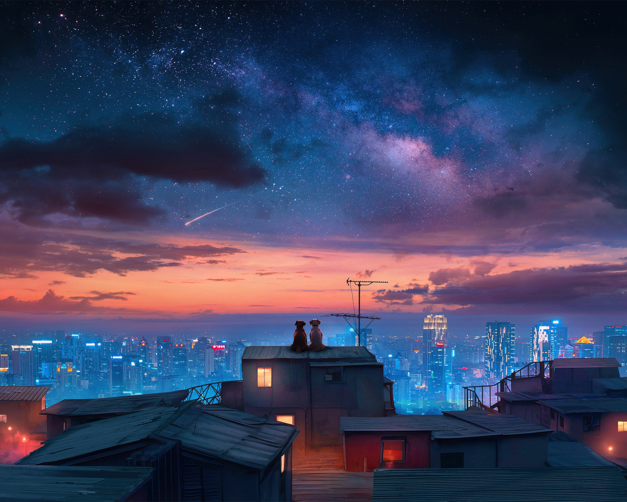 Красивое ночное небо над городскими небоскребами