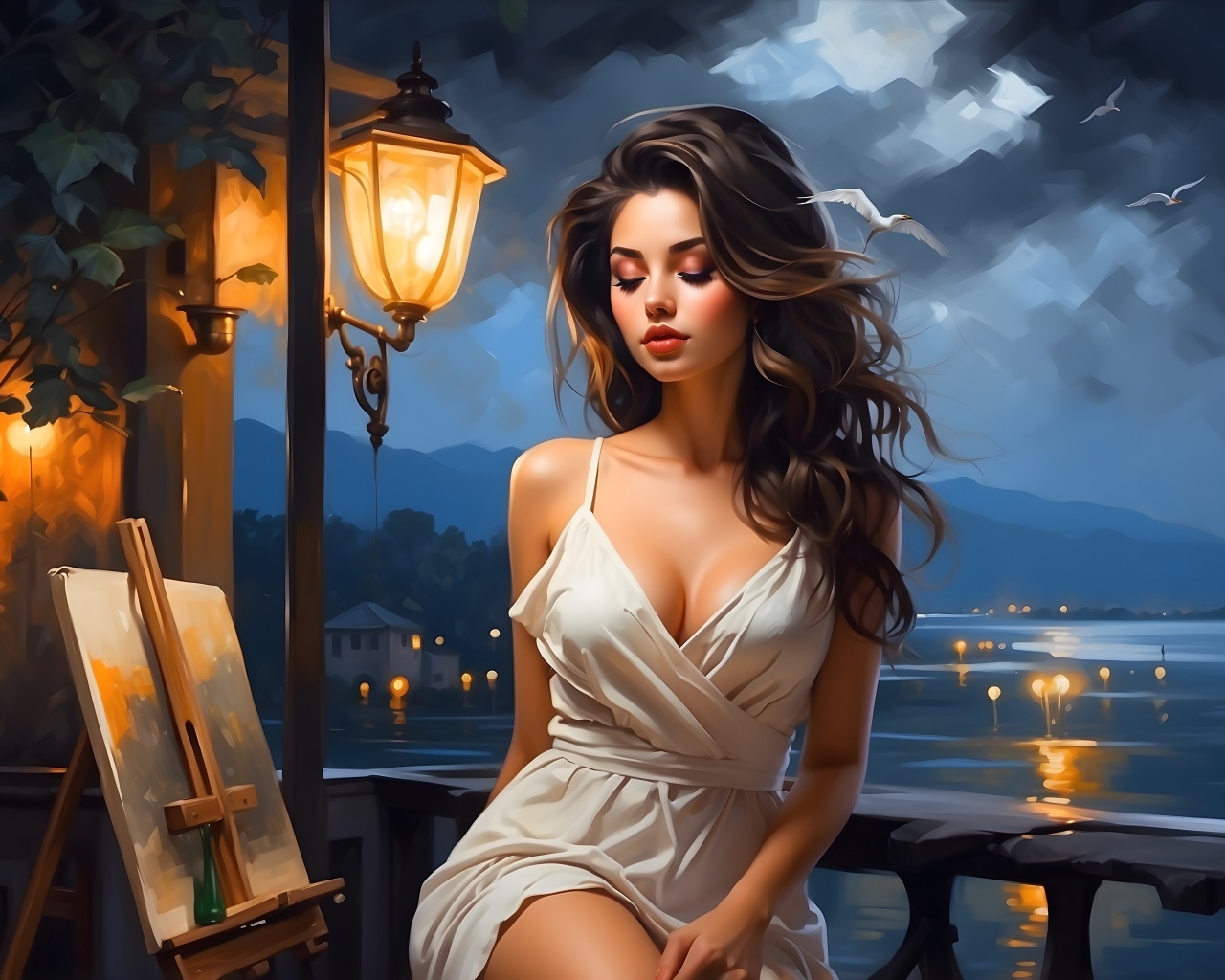 Красивая нарисованная девушка у воды