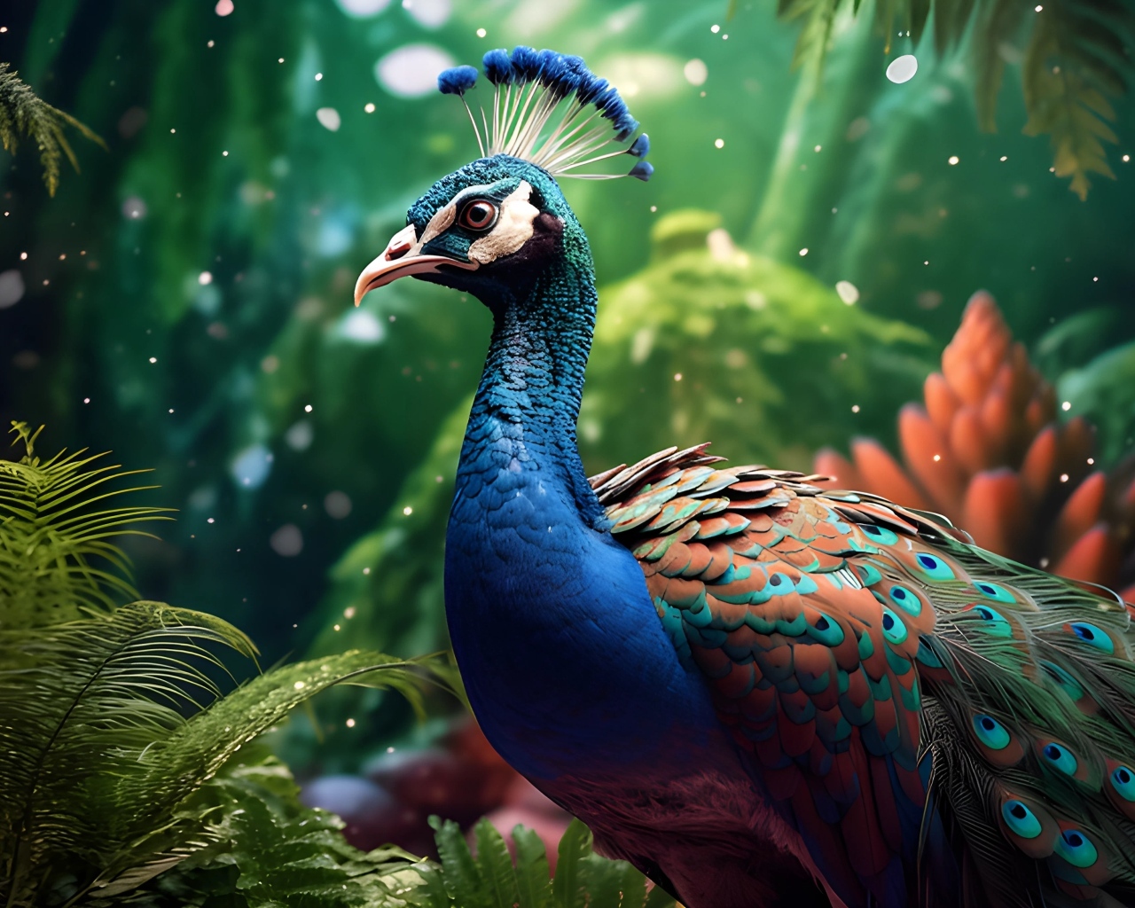 Красивый нарисованный павлин в лесу