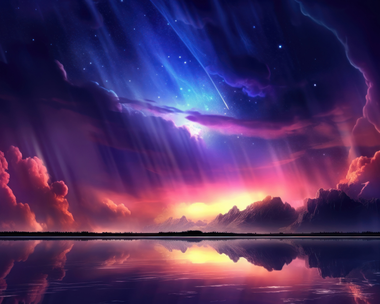 Красивое нарисованное небо с облаками над водой