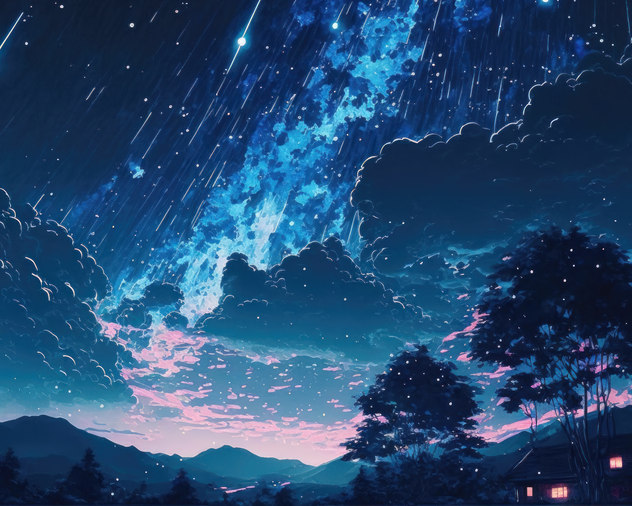 Черные нарисованные облака в небе в звездопад