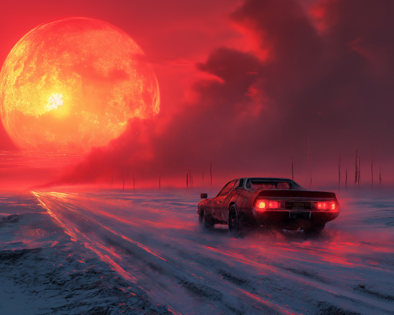 Автомобиль на дороге на фоне огненной луны