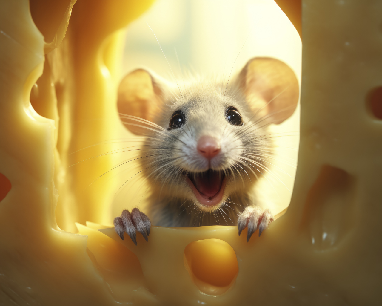 Веселый мышонок с куском сыра