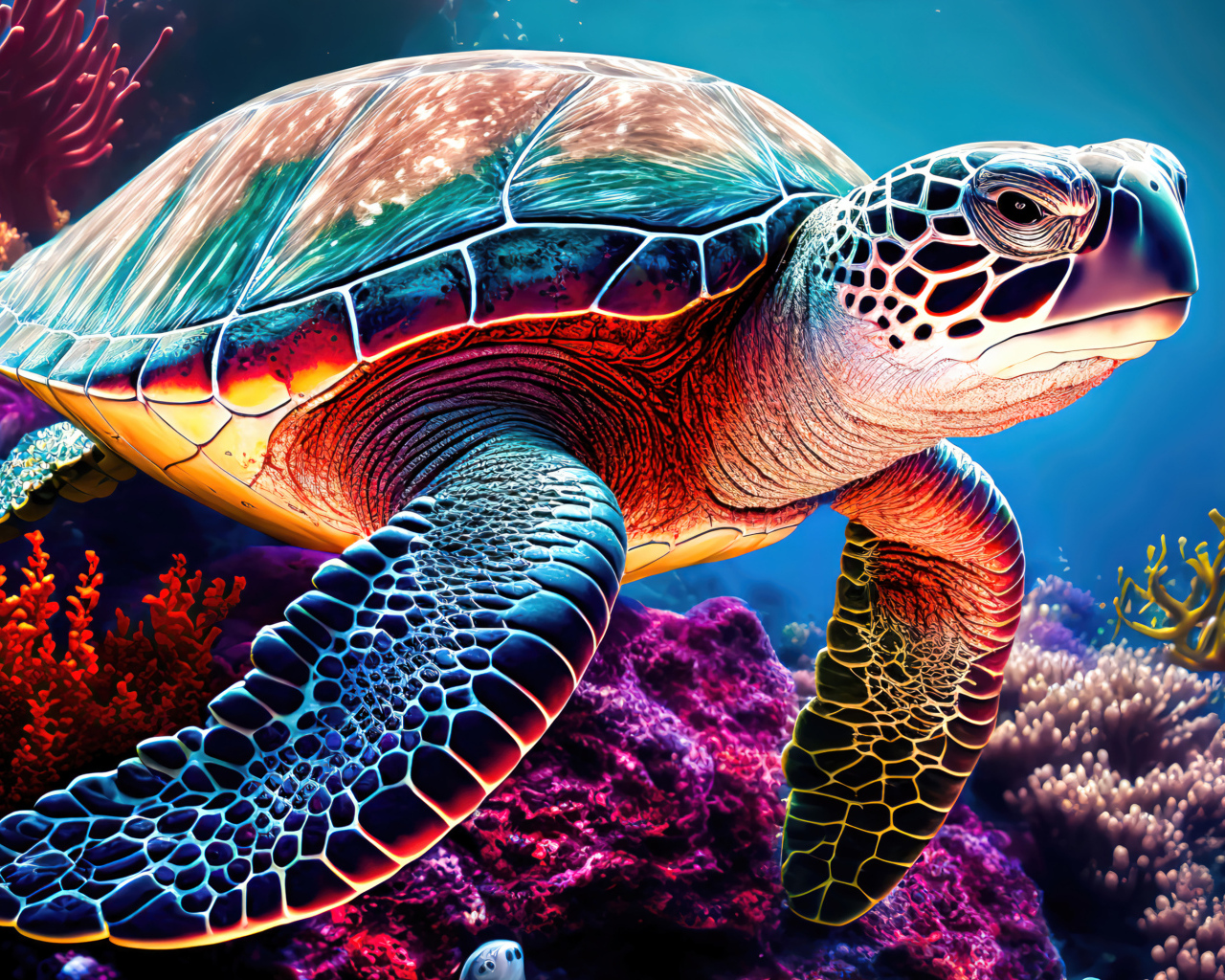 Нарисованная большая черепаха под водой