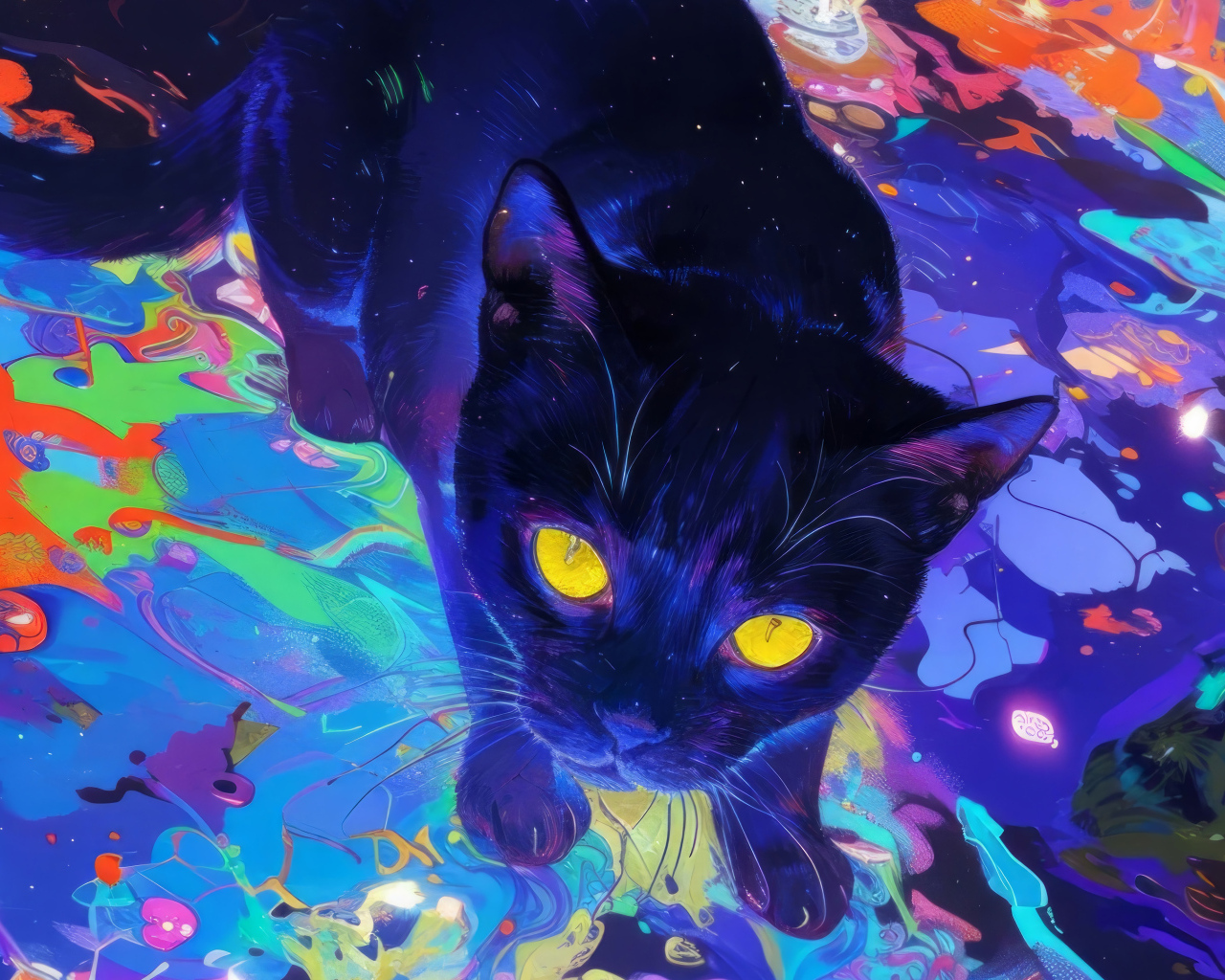 Нарисованный черный кот с желтыми глазами