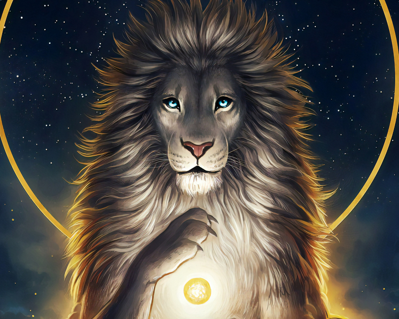 Нарисованный голубоглазый лев на фоне неба