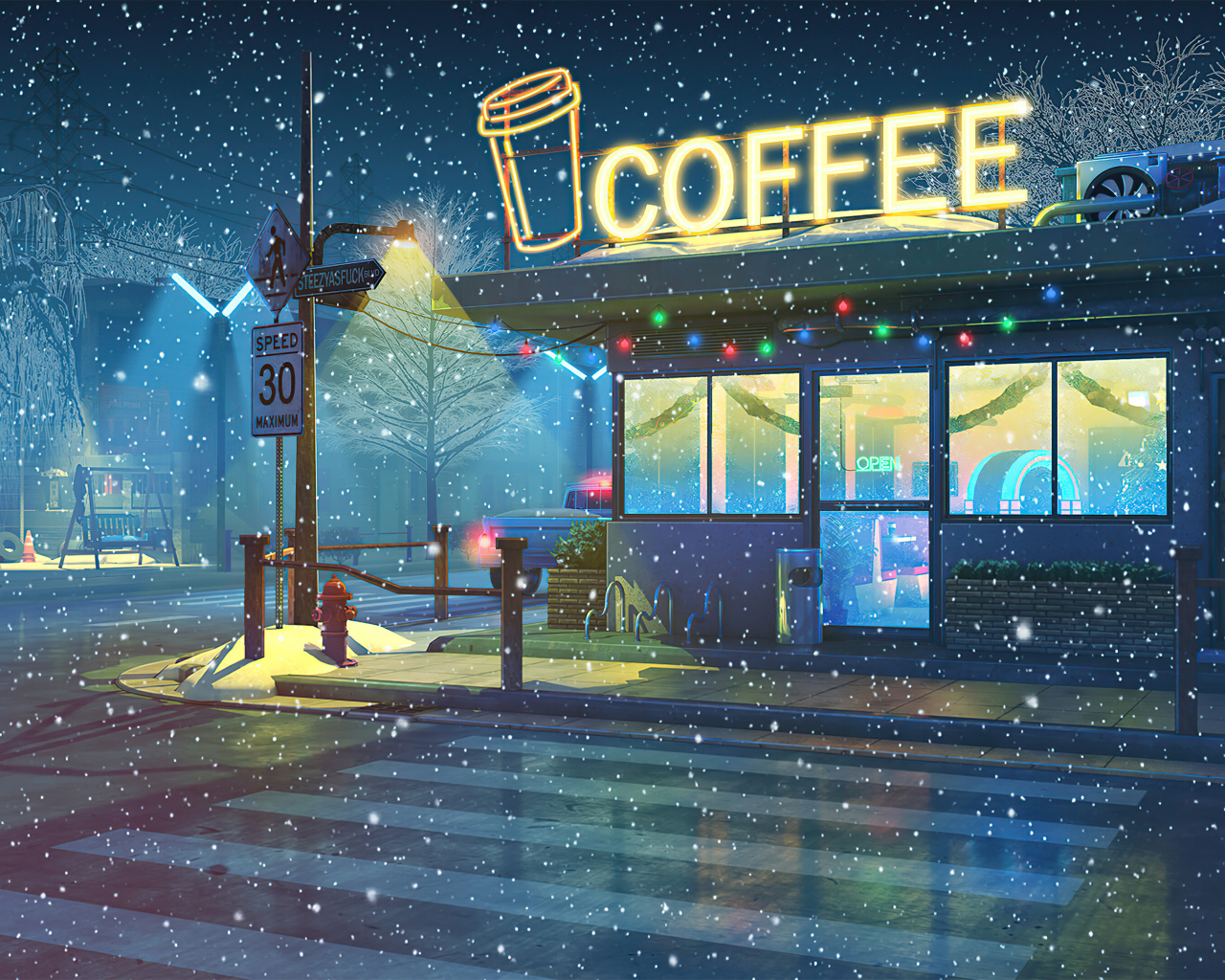 Нарисованное кафе ночью зимой
