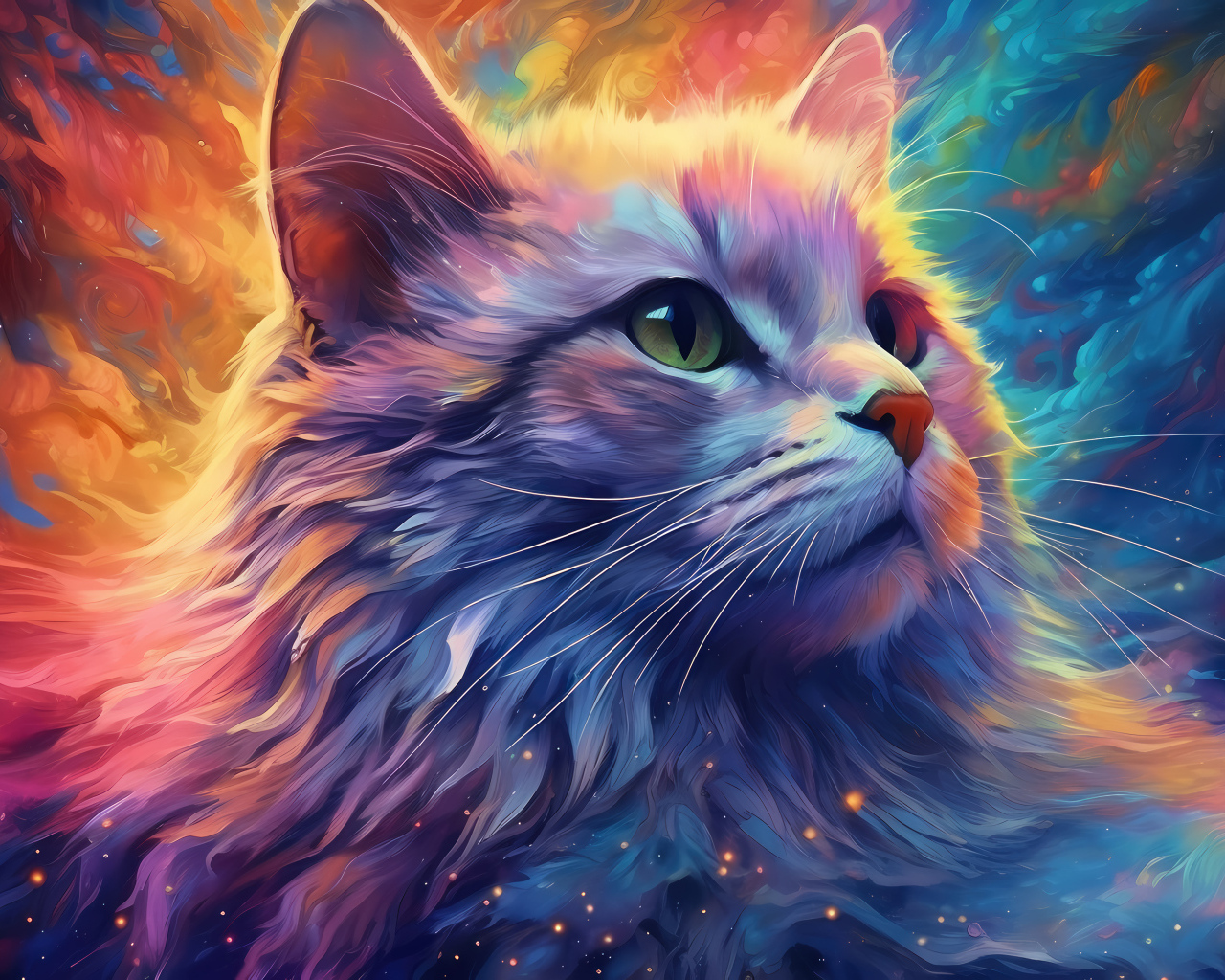 Нарисованная голова кота на разноцветном фоне