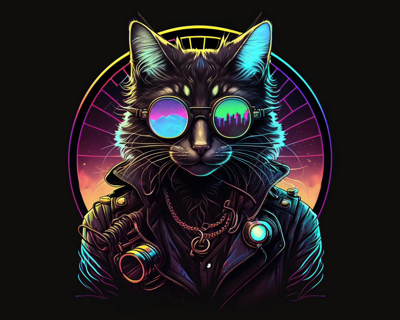 Нарисованный кот в очках и кожаной куртке