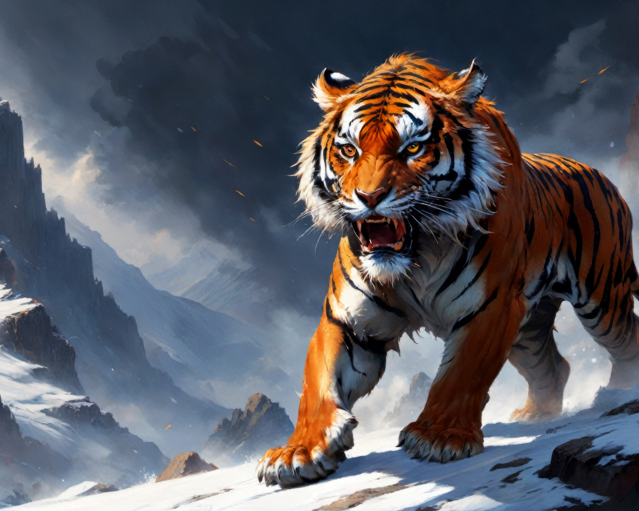 Нарисованный свирепый тигр в заснеженных горах