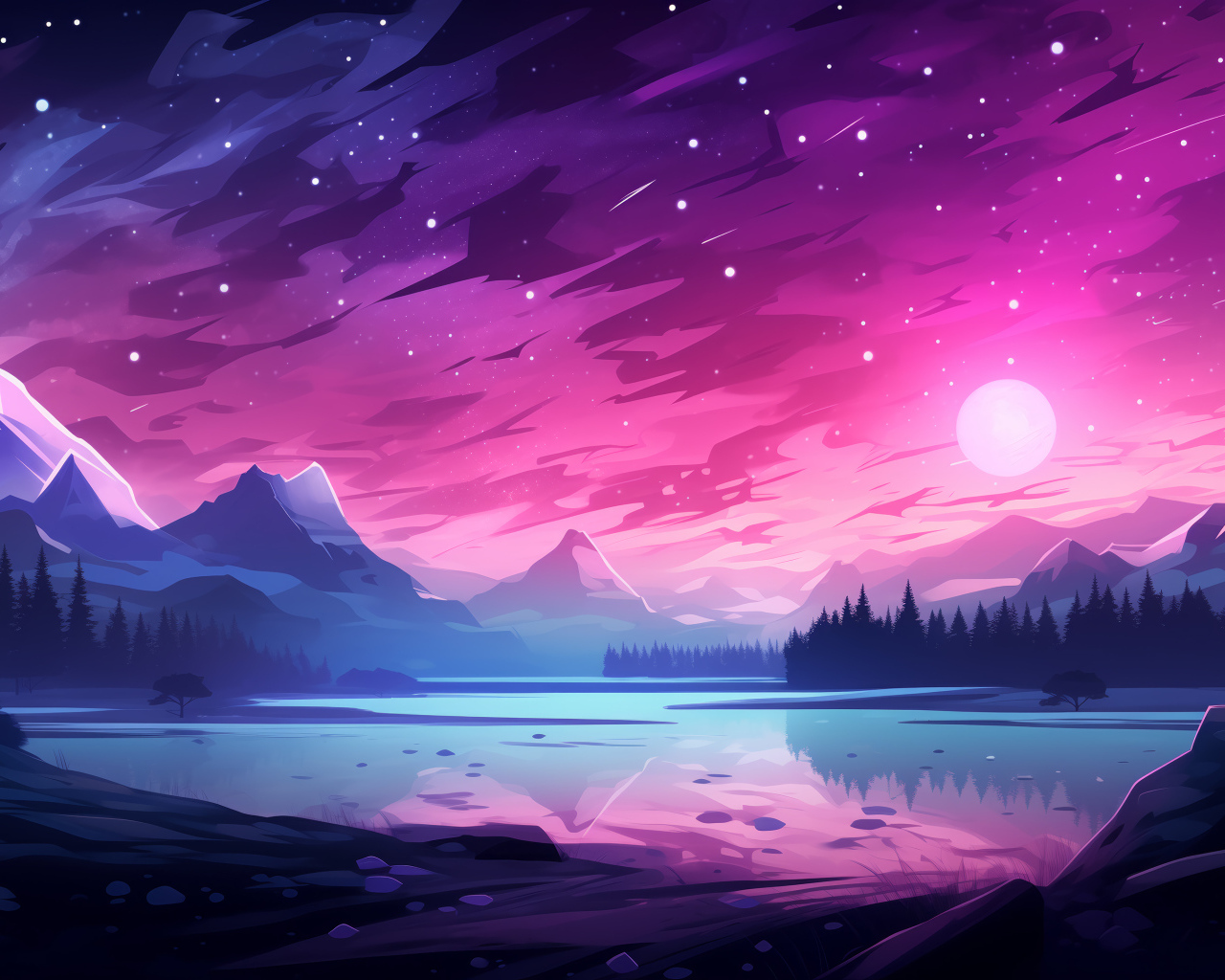 Нарисованные горы с розовым небом ночью