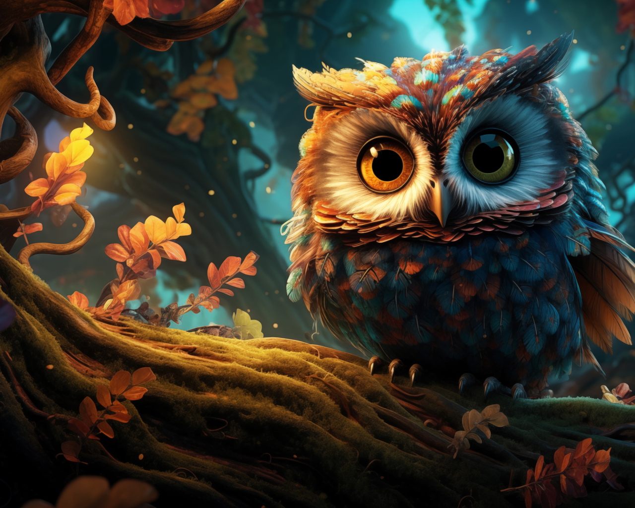 Нарисованная сова на ветке дерева в лесу