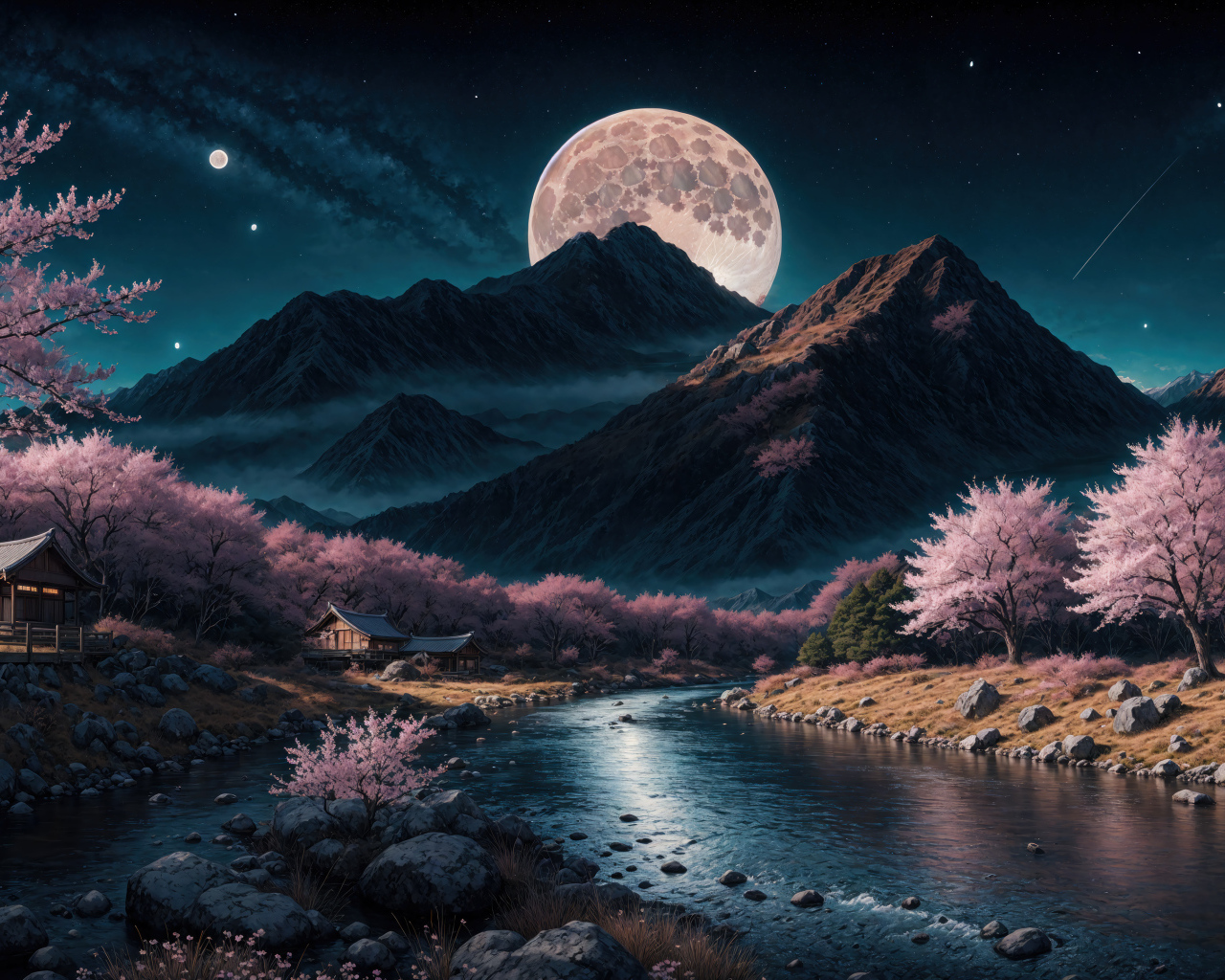 Нарисованная река с горой на фоне луны