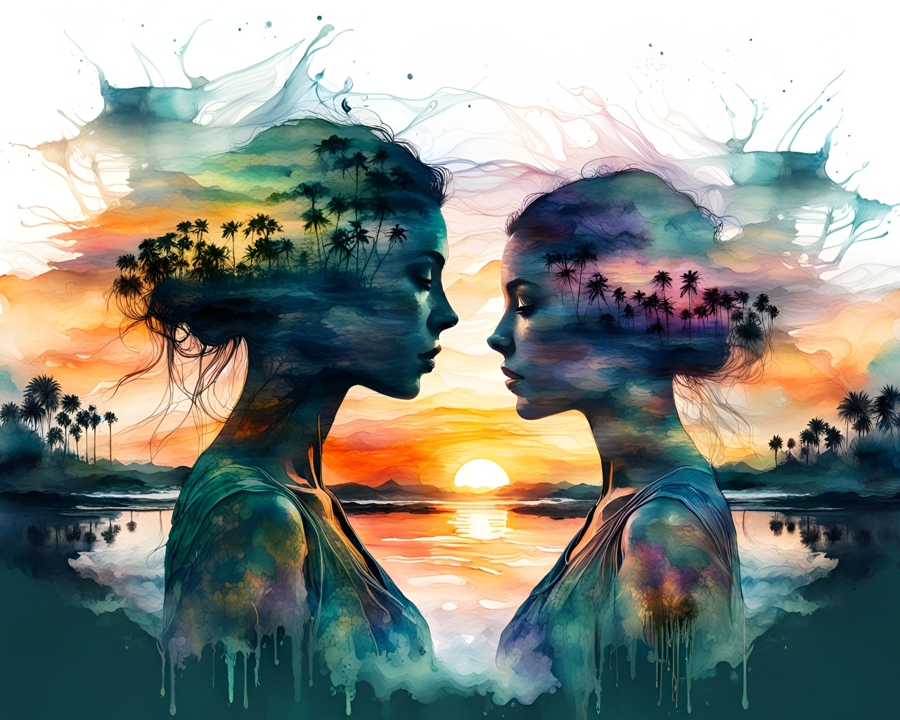 Нарисованные силуэты девушек на фоне природы