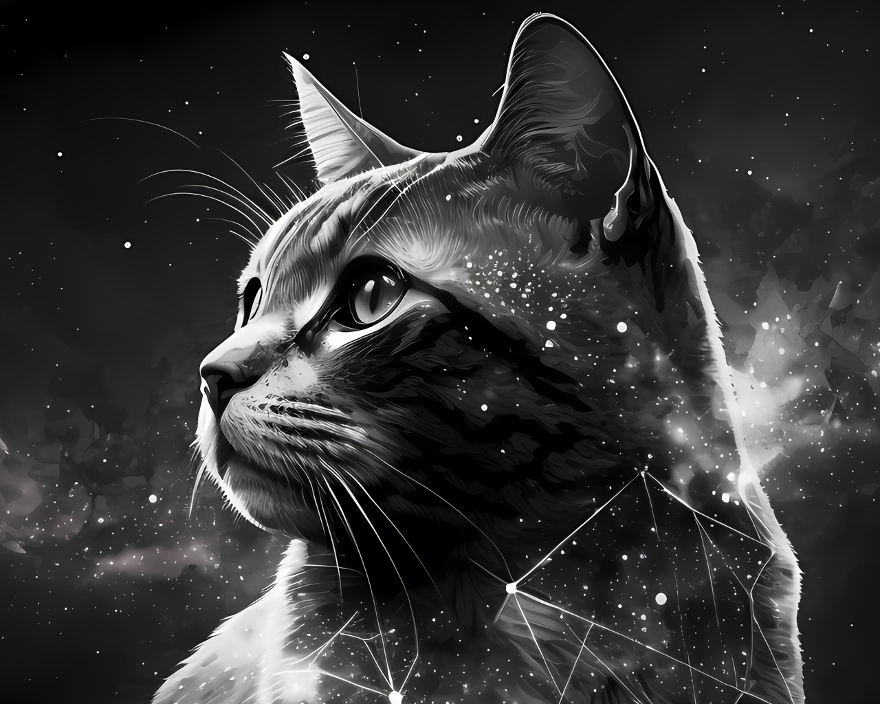 Нарисованный звездный кот на сером фоне