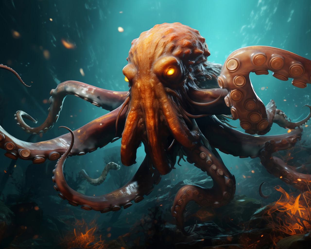 Большой нарисованный осьминог в воде