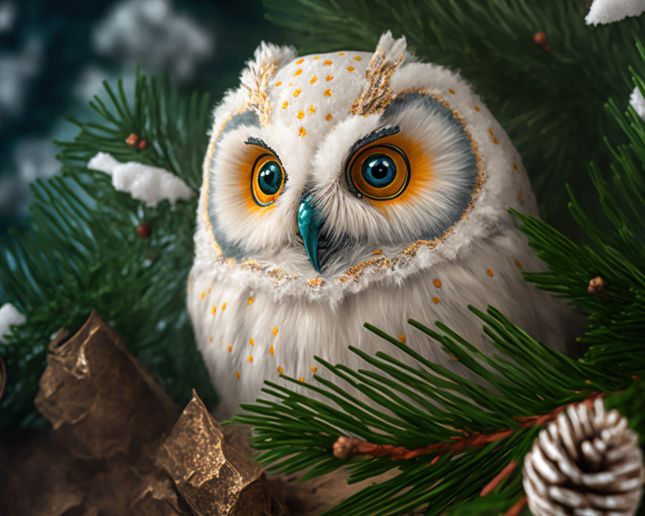 Большая нарисованная сова в сосновых  ветках