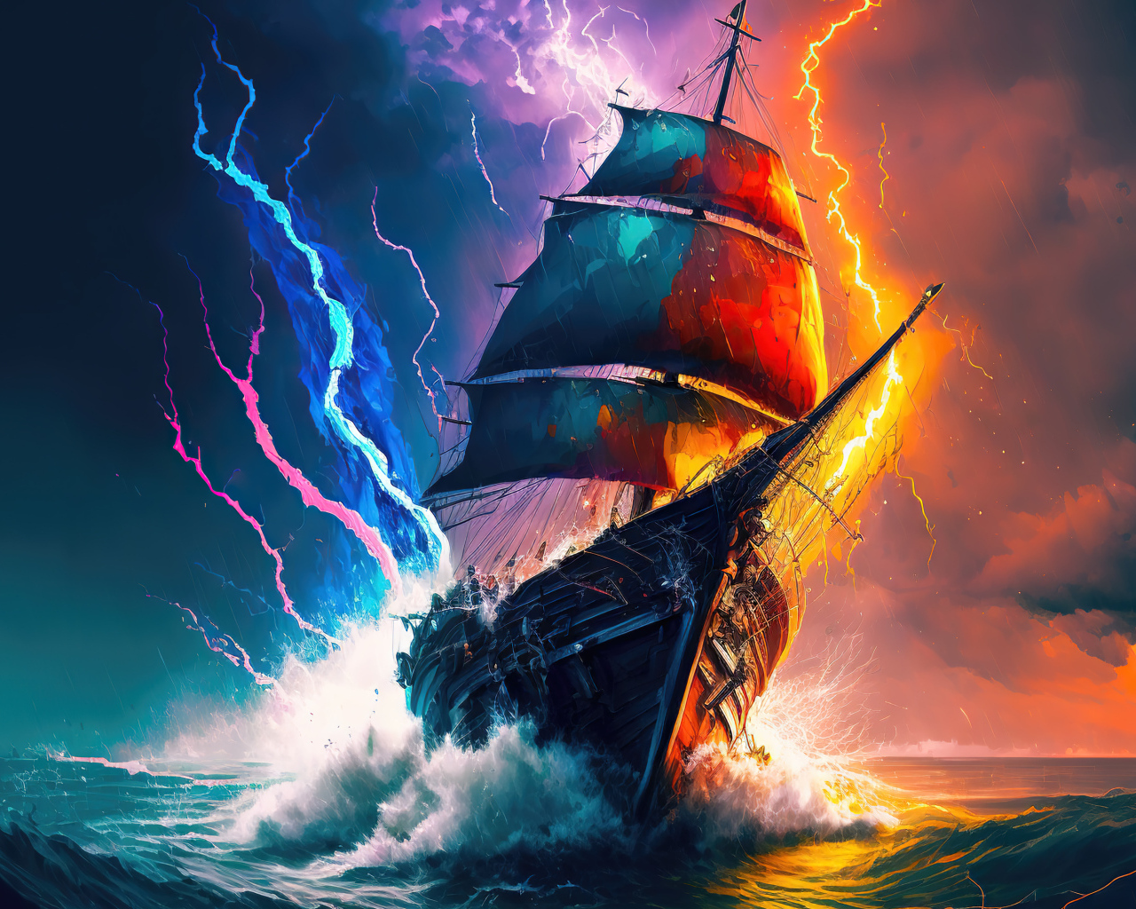 Большой нарисованный корабль в море в грозу