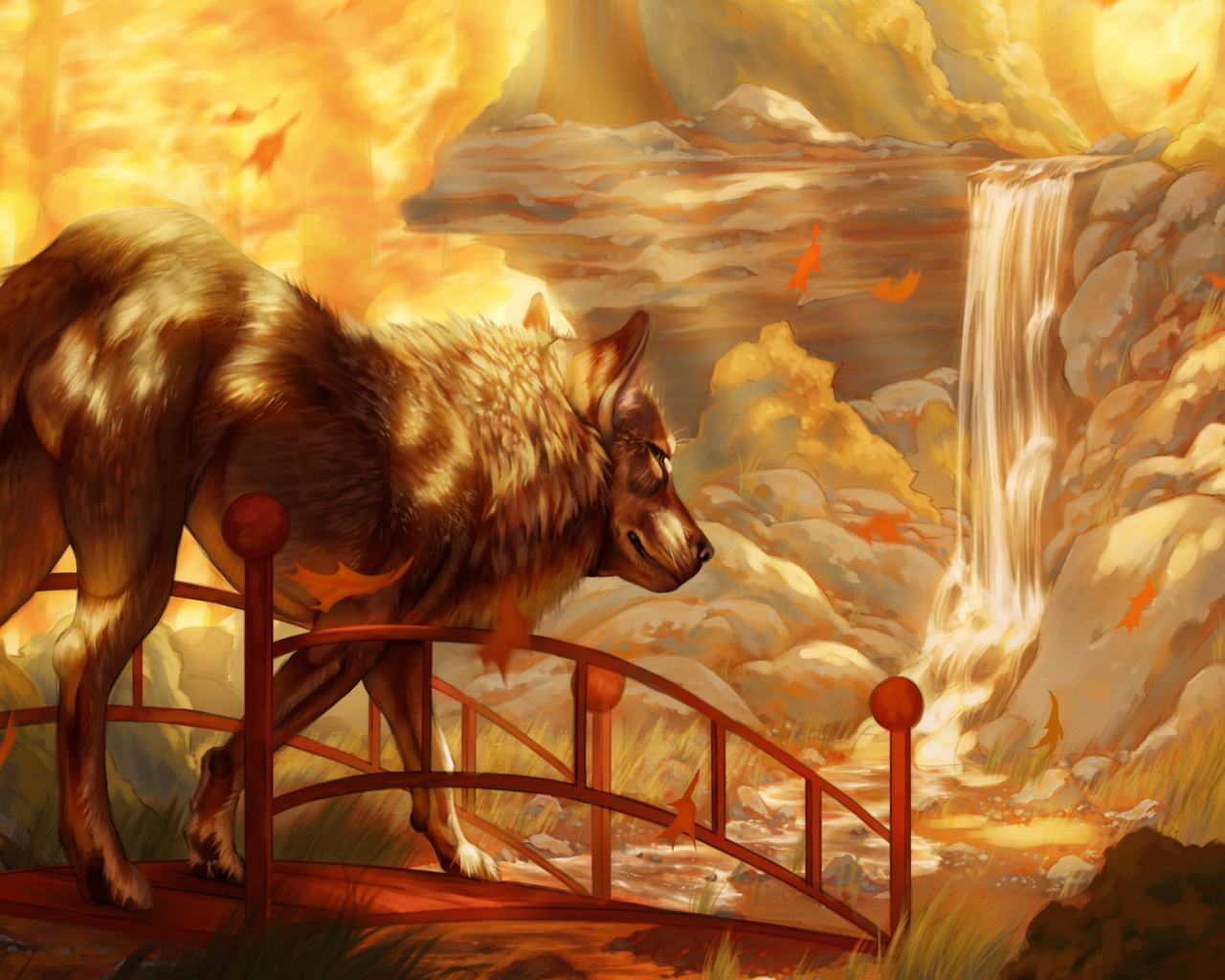 Нарисованный большой волк у водопада