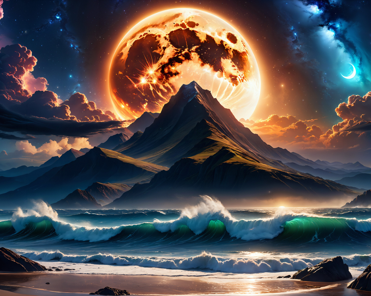 Нарисованная огненная луна над горой у моря