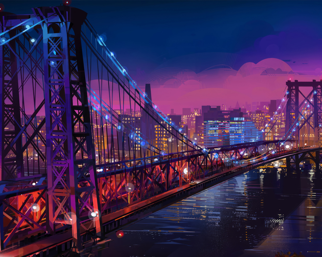Нарисованный железный мост через реку ночью