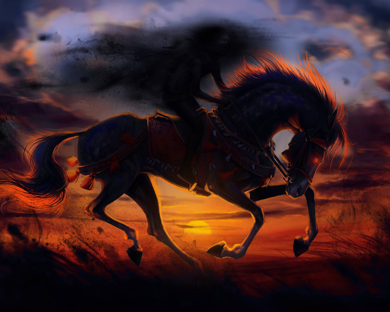 Нарисованный зловещий конь ночью 