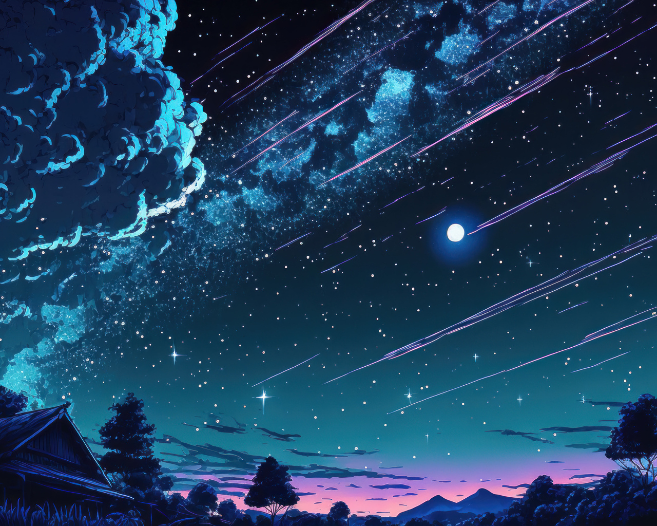 Нарисованное небо над домом и яркой луной